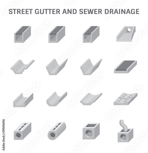 Street gutter, drainage system vector icon consist of grate cover, precast concrete i.e. sewer pipe, trench, ditch, channel and manhole for access cleaning, drain rainwater, stormwater from road, city