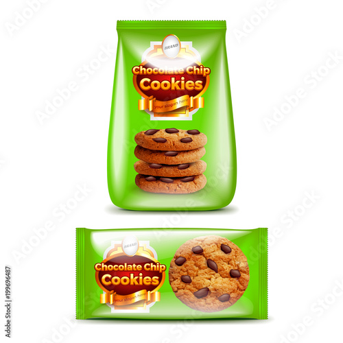 Chocolate chip cookies packaging 3d realistic vector