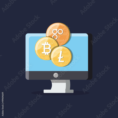 Computer with cryptocurrency coins over blue background, colorful design. vector illustration