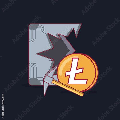 broken chip with litecoin coin over blue  background, colorful design. vector illustration