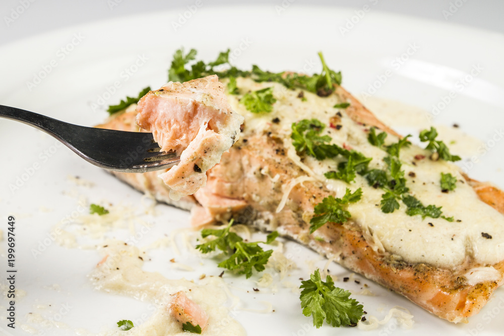 Fried Salmon with cheese sauce, parsley and pepper. Fried Salmon with cheese sauce, parsley and pepper.