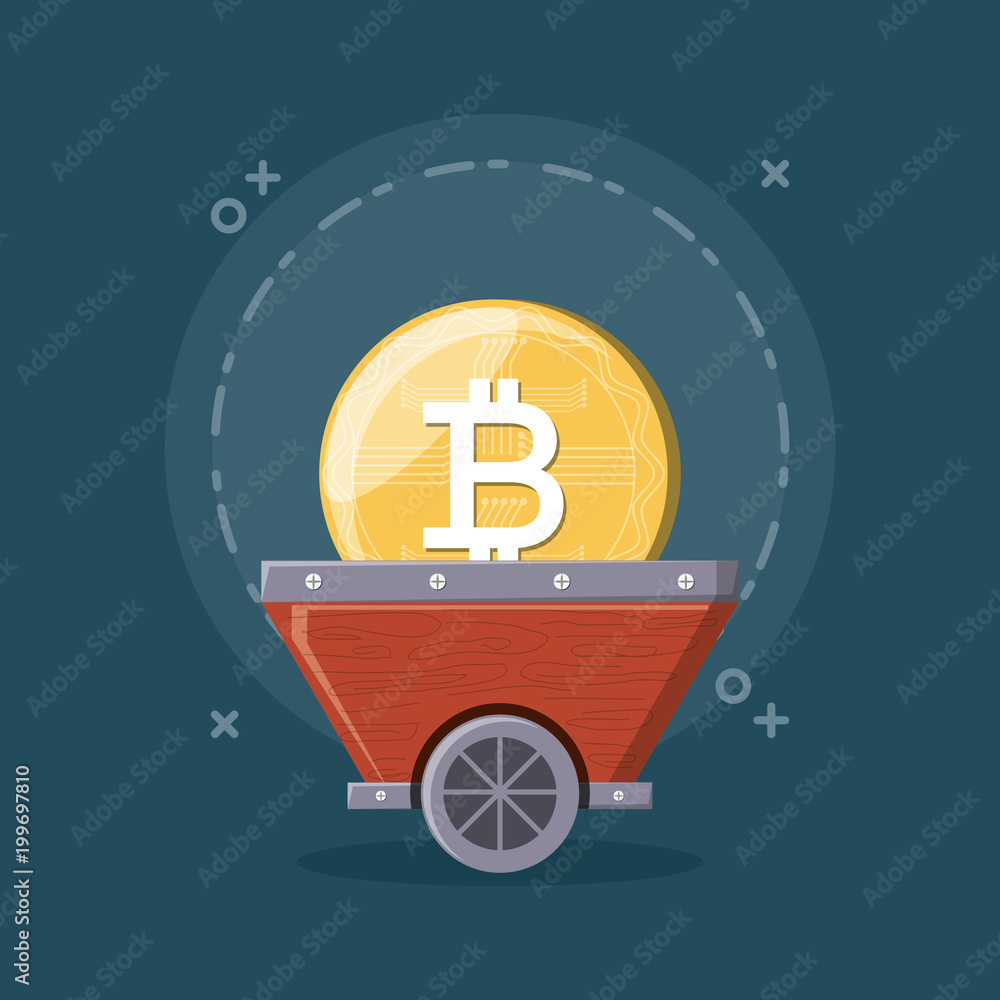 Mining cryptocurrency design with mining cart with bitcoin coin over blue background, colorful design. vector illustration Mining cryptocurrency design with mining cart with bitcoin coin over blue background, colorful design. vector illustration