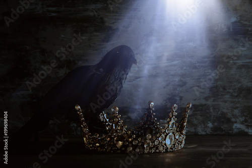 low key image of beautiful queen/king crown and black crow. fantasy medieval period. Selective focus.