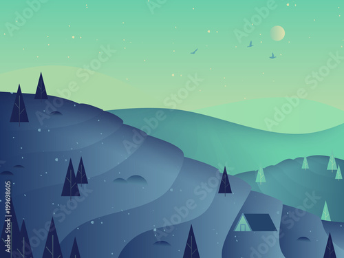 Beautiful night scenery landscape, rice terrace on mountain with tree, blue and green tones