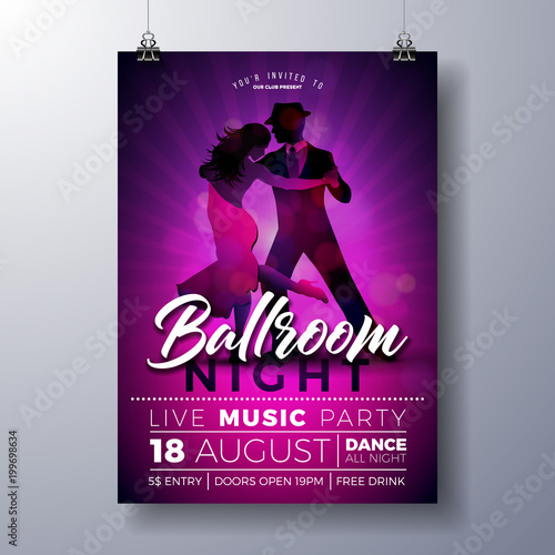 Tela Ballroom Night Party Flyer illustration with couple dancing tango on purple background
