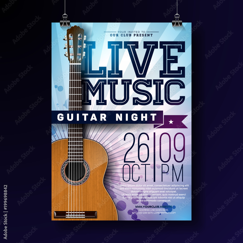Live music flyer design with acoustic guitar on grunge background. Vector illustration template for invitation poster, promotional banner, brochure, or greeting card. Live music flyer design with acoustic guitar on grunge background. Vector illustration template for invitation poster, promotional banner, brochure, or greeting card.