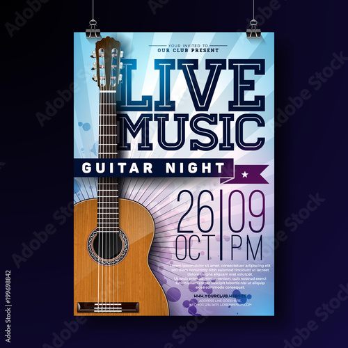 Live music flyer design with acoustic guitar on grunge background. Vector illustration template for invitation poster, promotional banner, brochure, or greeting card.