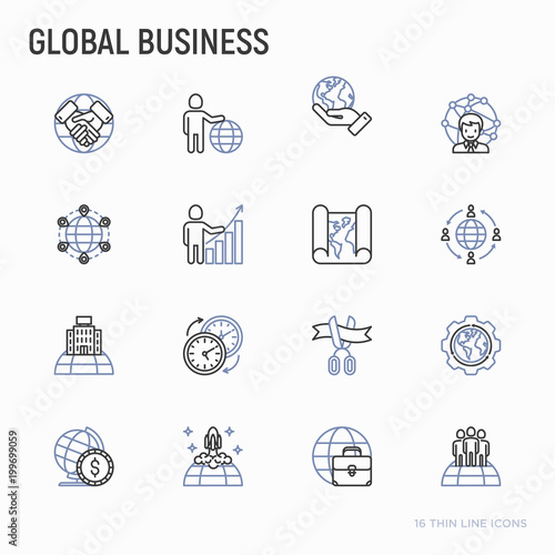 Global business thin line icons set: investment, outsourcing, agreement, transactions, time zone, headquarter, start up, opening ceremony. Modern vector illustration.