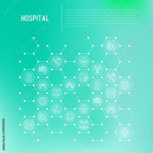 Hospital concept in honeycombs with thin line icons for doctor's notation: neurologist, gastroenterologist, manual therapy, ophtalmologist, cardiology, allergist, dermatologist. Vector illustration.