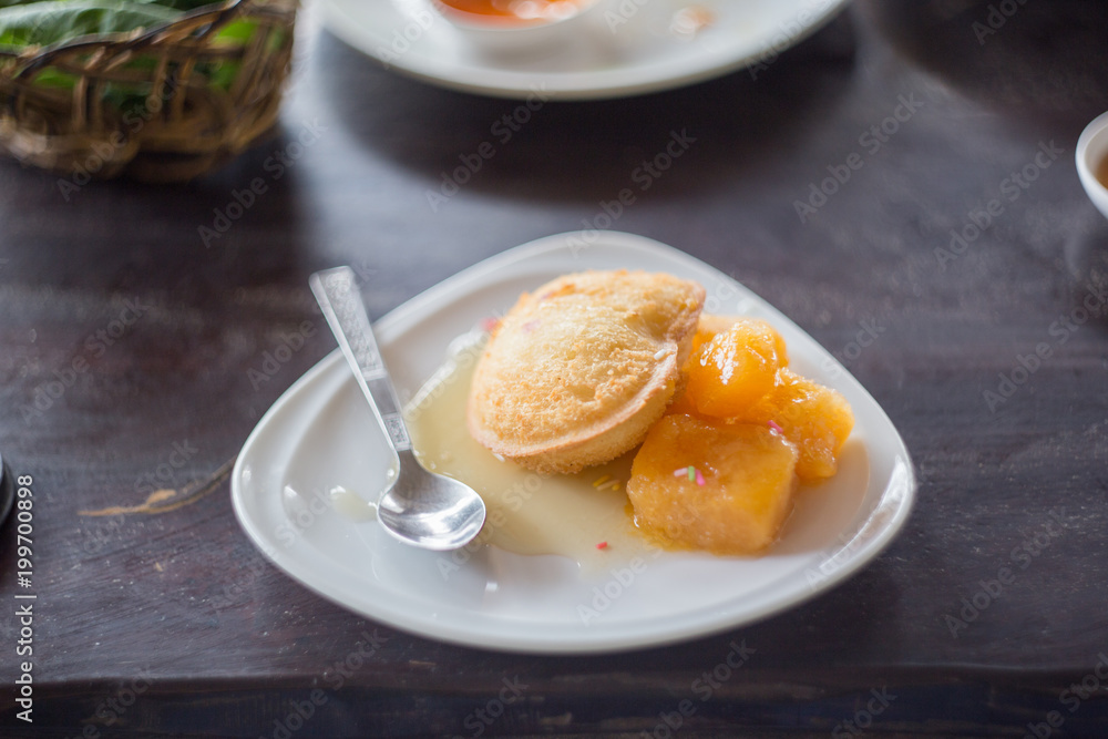 Deep fried a mango ice cream with mango jam Deep fried a mango ice cream with mango jam