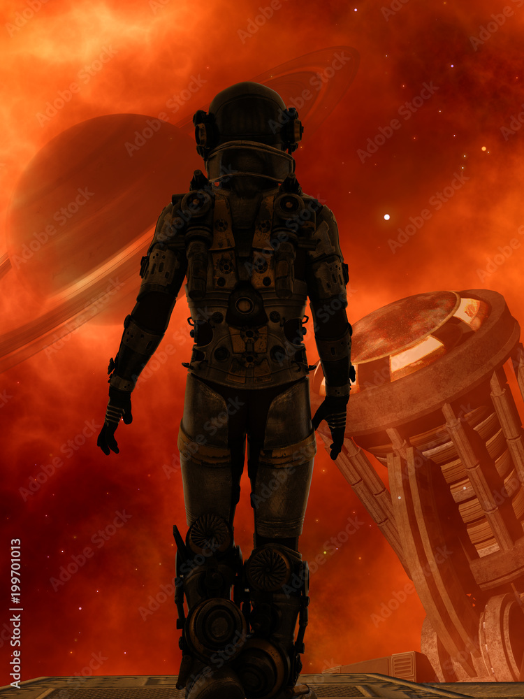 Fototapeta premium Space traveler looking a big planet in deep space