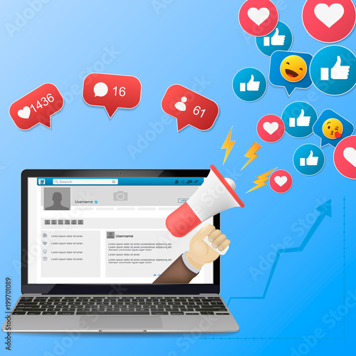 Digital advertising, vector 3d concept, online conference, media promotion, laptop speaker illustration