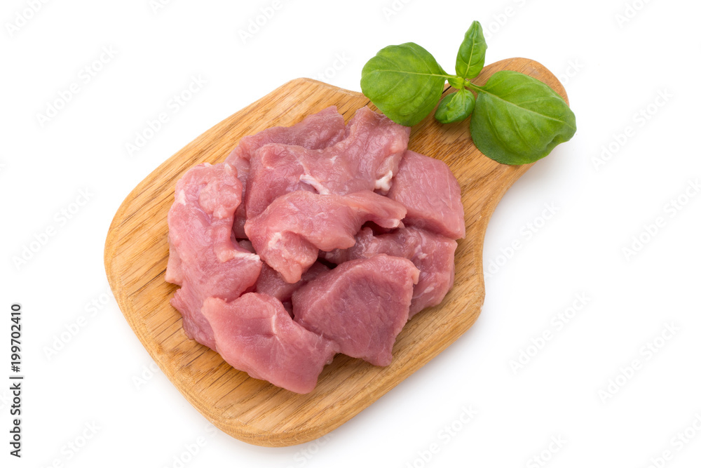 Raw chopped beef meat pieces isolated om white background cut out. Raw chopped beef meat pieces isolated om white background cut out.