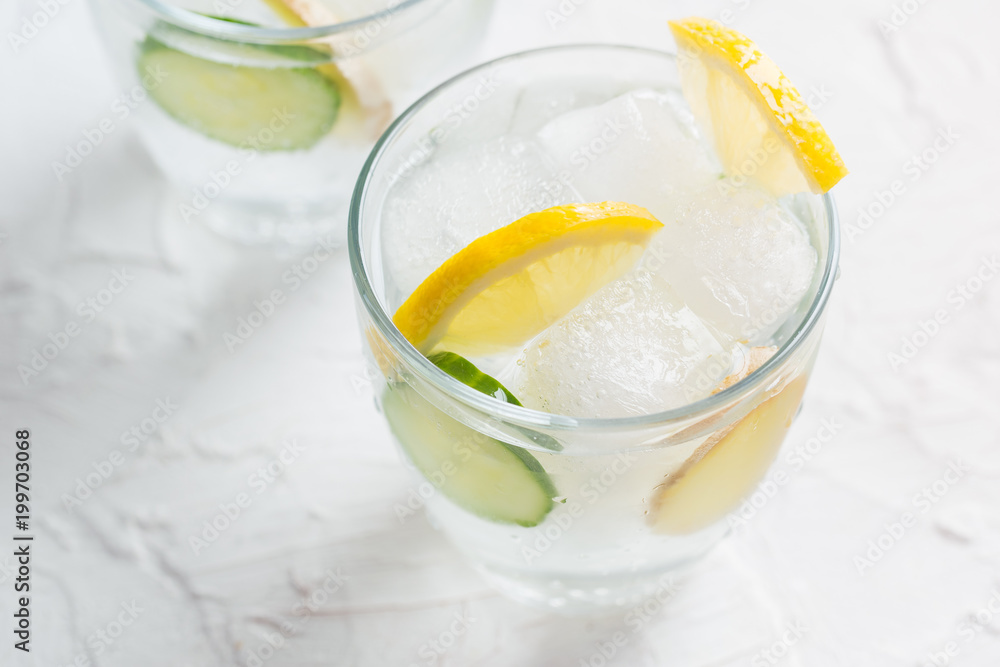 Sassy detox water with lemons, cucumbers and ginger. Healthy breakfast. Sassy detox water with lemons, cucumbers and ginger. Healthy breakfast.