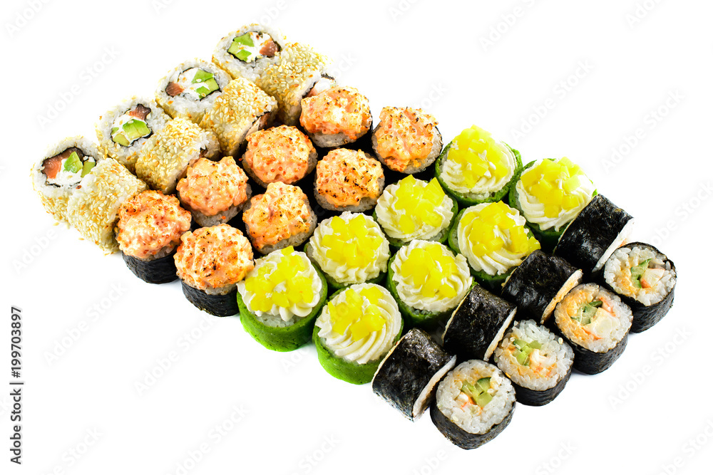 New menu in the restaurant. Different kind of sushi rolls isolated on white background New menu in the restaurant. Different kind of sushi rolls isolated on white background