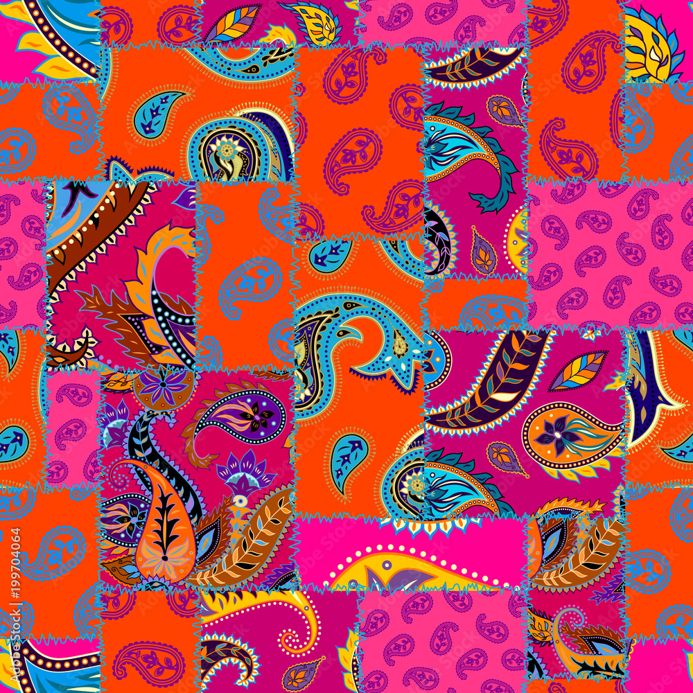 Naklejka premium Seamless background pattern. Patchwork pattern with Paisley ornament patterns. Bright magenta and orange colors. Ethnic indian style.