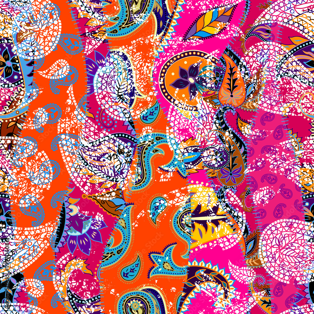 Seamless background pattern. Patchwork pattern with Paisley ornament patterns. Bright magenta and orange colors. Ethnic indian style. Seamless background pattern. Patchwork pattern with Paisley ornament patterns. Bright magenta and orange colors. Ethnic indian style.