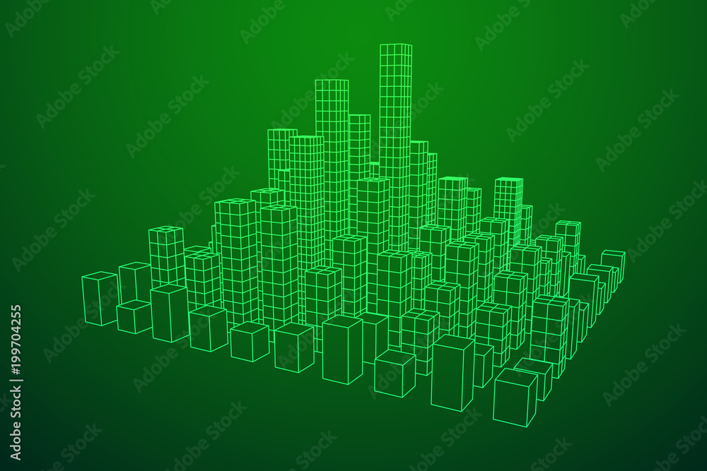 Mesh low poly wireframe cubes array like skyscraper city. Connected lines town. Connection Box Structure. Digital Data Visualization Concept. Vector Illustration.