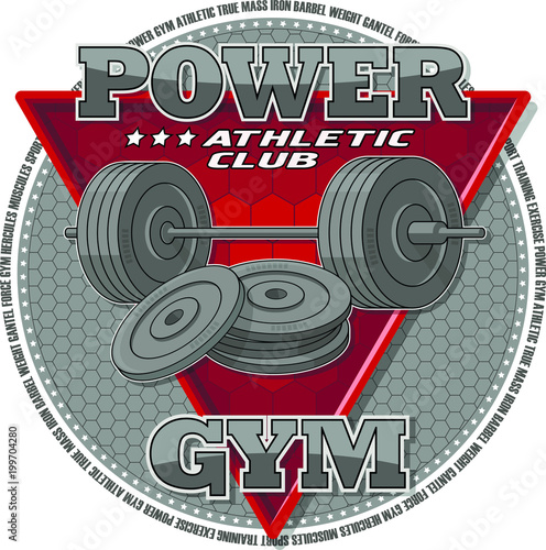 Emblem of the gym. Sports equipment on the background of a red triangle. Background, text and equipments are located on separate layers and can be easily disabled.