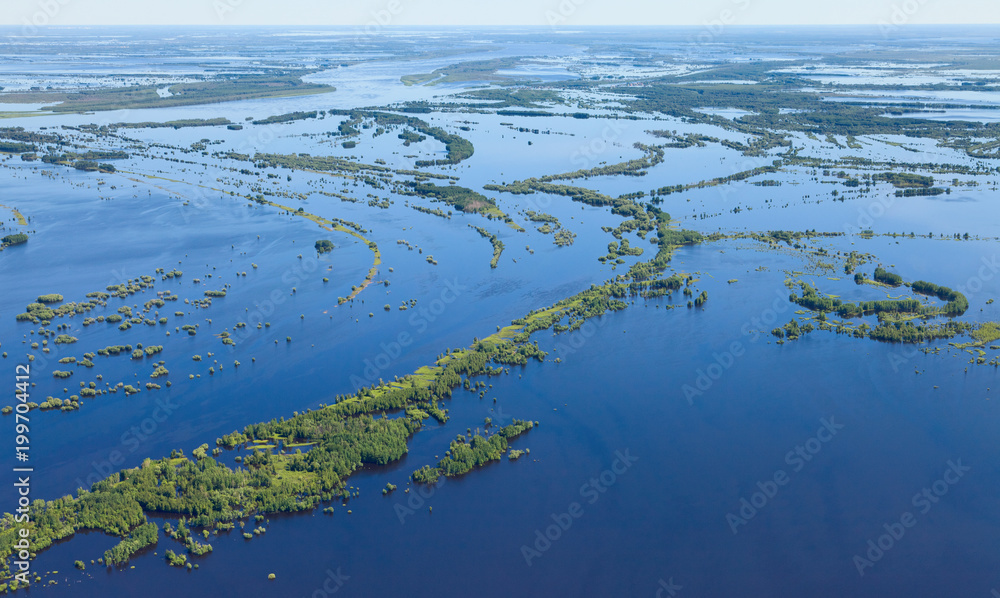 Floodplain of Great river in spring, top view