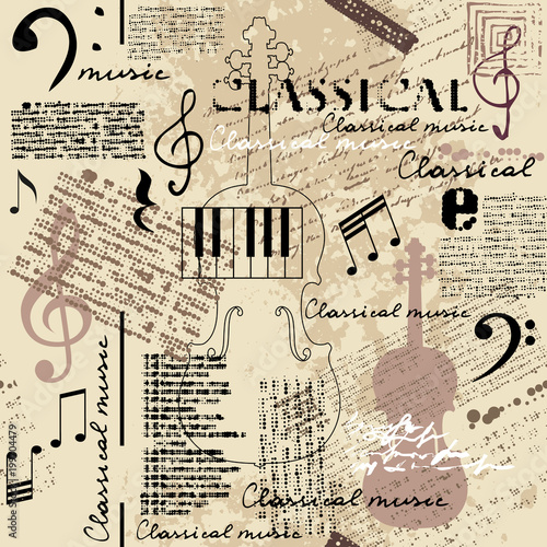 Classical music lpattern with ettering and notes in retro scrapbook style. Seamless background. Vector image.