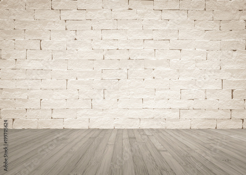 Brick wall painted in light beige with wooden floor in light sepia grey for interior backgrounds