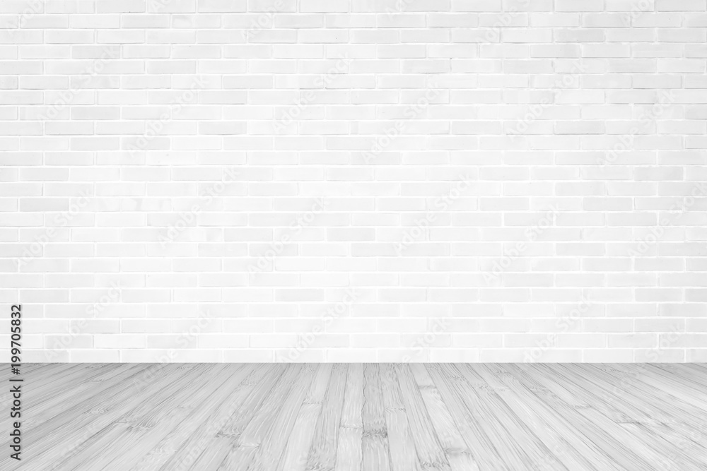 White brick wall with wooden floor textured background in light grey color - obrazy, fototapety, plakaty 