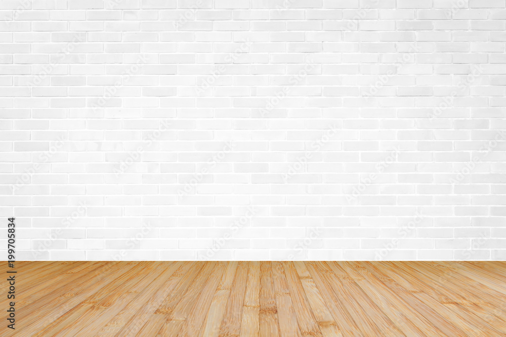 White brick wall with wooden floor textured background in yellow brown color - obrazy, fototapety, plakaty 