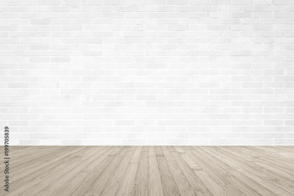 White brick wall with wooden floor textured background in sepia color - obrazy, fototapety, plakaty 