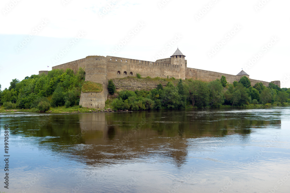 Panorama of Ivangorod fortress on cloudy August day. Leningrad region, Russia