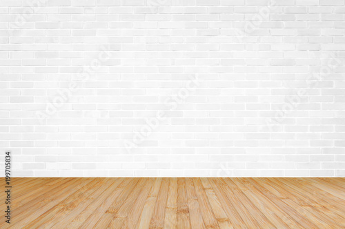 White brick wall with wooden floor textured background in yellow brown color