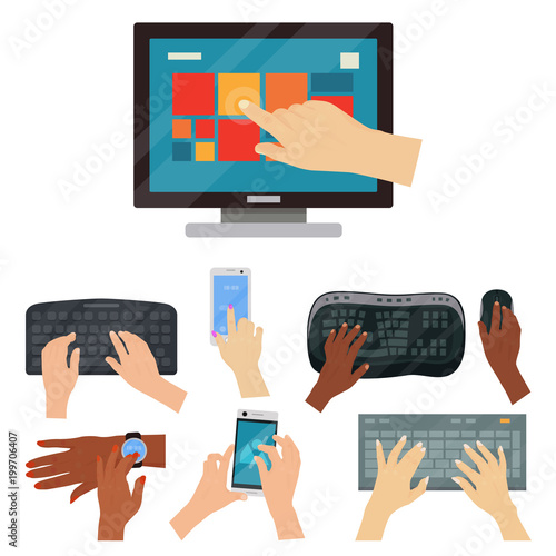 Users hands on keyboard computer touch gestures technology internet work swipe typing tool vector illustration.