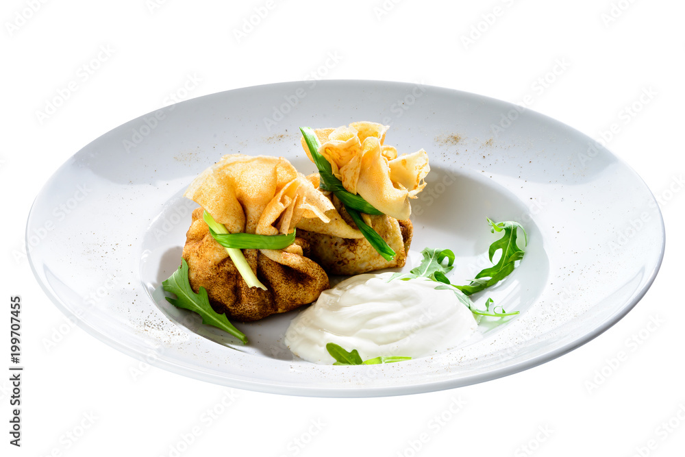 New menu in the cafe. Russian pancakes blini with fresh cream cheese isolated on white background New menu in the cafe. Russian pancakes blini with fresh cream cheese isolated on white background