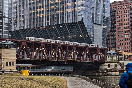 Foggy, rainy afternoon in downtown Chicago, as elevated 