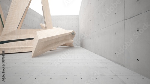 Abstract  concrete and wood parametric interior  with window. 3D illustration and rendering.