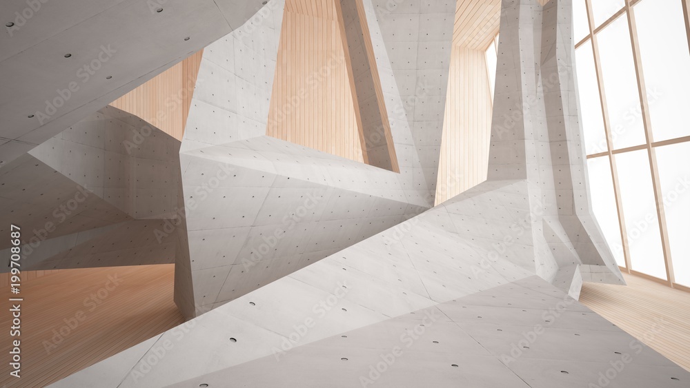 Abstract concrete and wood parametric interior with window. 3D illustration and rendering. Abstract concrete and wood parametric interior with window. 3D illustration and rendering.