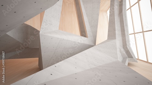 Abstract  concrete and wood parametric interior  with window. 3D illustration and rendering.