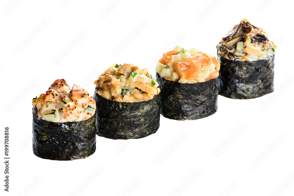 New menu in the restaurant. Different kind of sushi rolls isolated on white background. Top view, flat lay New menu in the restaurant. Different kind of sushi rolls isolated on white background. Top view, flat lay