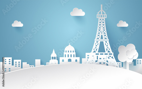 Paris paper art style on blue background.