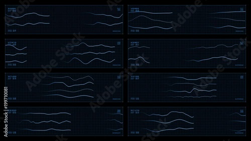 Monochromatic, eight-panel visual display of animated line graphs revealed with feathered track mattes. Time offset. Related readouts and indicators. Reversible seamless loop.  