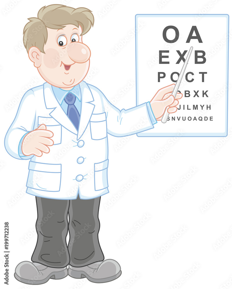 Smiling doctor oculist with a pointer and a plate of letters checking eyesight, a vector illustration in a cartoon style Smiling doctor oculist with a pointer and a plate of letters checking eyesight, a vector illustration in a cartoon style