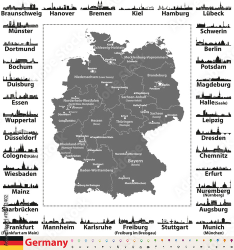 Germany map with state capitals and largest cities skylines silhouettes vector set
