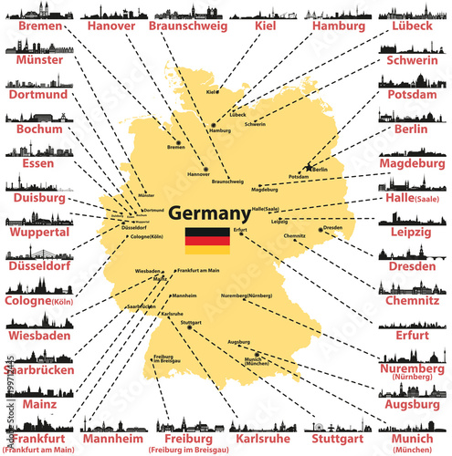 Germany vector map with states capitals and largest citites skylines silhouettes