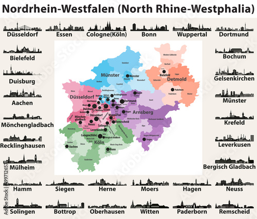 Germany state North Rhine-Westphalia high detailed vector map with largest cities skylines silhouettes