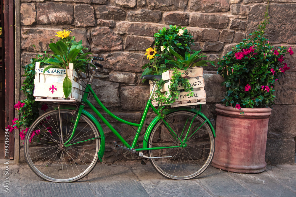 Beautiful city landscape with a green bike near the old wall with flowers in drawers in Florence, Italy, Europe.