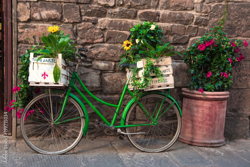 Obraz na płótnie Beautiful city landscape with a green bike near the old wall with flowers in drawers in Florence, Italy, Europe. w salonie