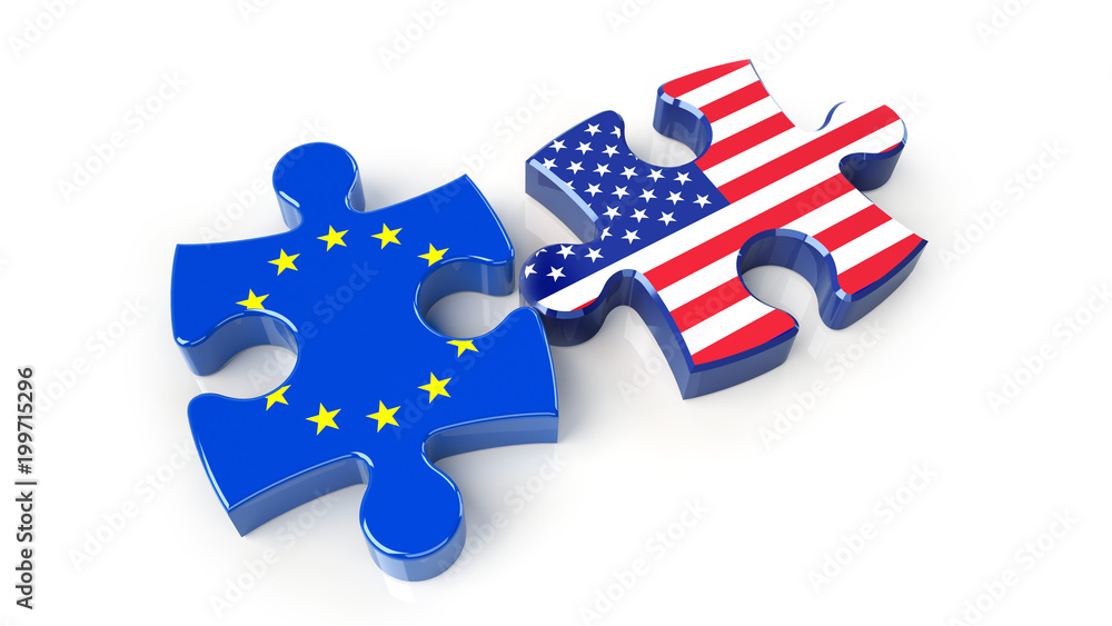 Naklejka premium USA and EU flags on puzzle pieces. Political relationship concept