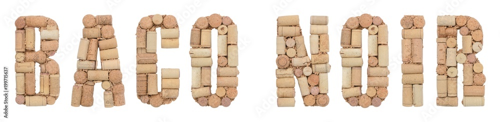 Grape variety Baco Noir made of wine corks Isolated on white background