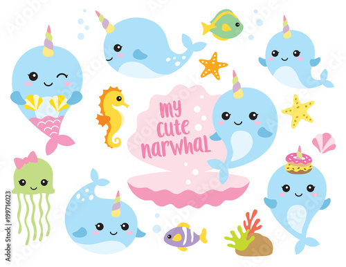 Vector illustration of cute baby narwhal or whale unicorn characters with fishes, seahorse, jellyfish, starfishes, and shells.
