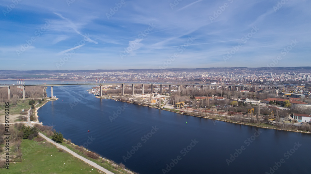 General view of Asparuhov bridge and Varna city, the sea capital of Bulgaria.